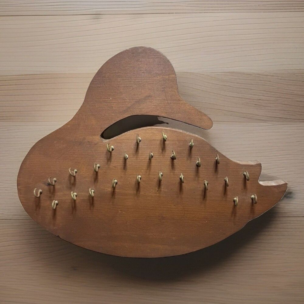 Vtg MCM Wooden Mallard Duck Rack Wall Hanger Multi Hook Brass Organizer Cottage